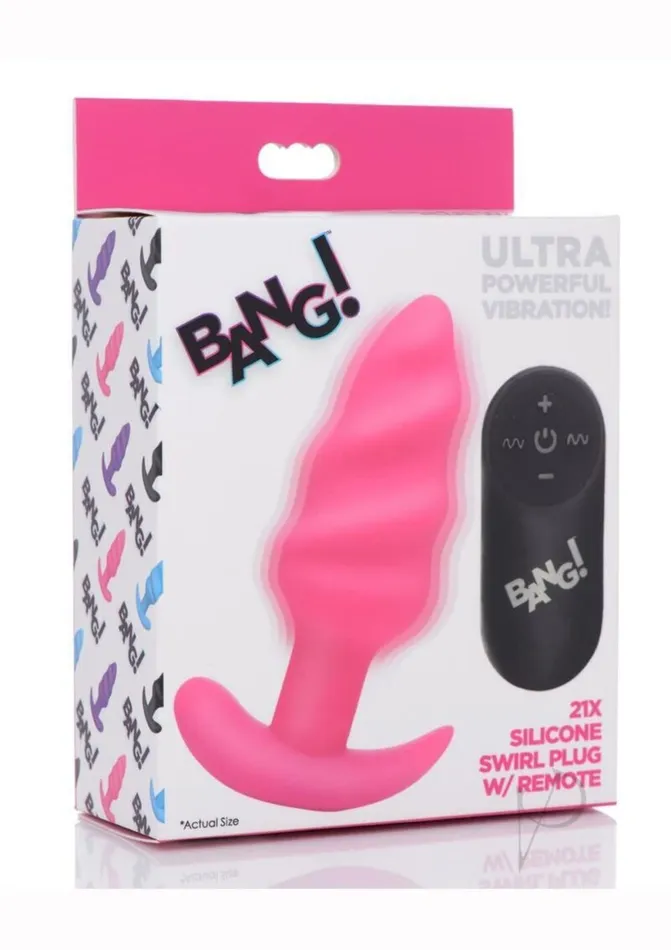 Bang Anal Bang 21X Vibrating Silicone Swirl Butt Plug W Remote Pink