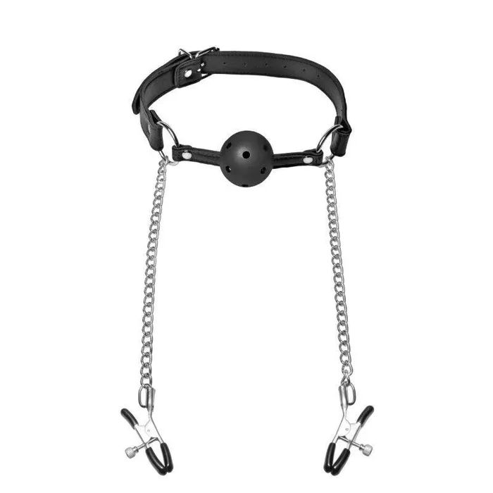 Master Series Male Sex Toys Hinder Breathable Silicone Ball Gag with Nipple Clamps Master Series Male Sex Toys Hinder Breathable Silicone Ball Gag with Nipple Clamps