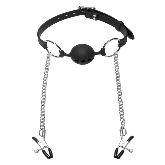 Master Series Male Sex Toys Hinder Breathable Silicone Ball Gag with Nipple Clamps Master Series Male Sex Toys Hinder Breathable Silicone Ball Gag with Nipple Clamps