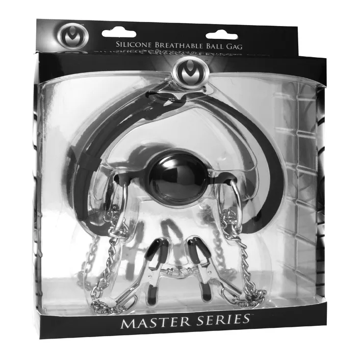 Master Series Male Sex Toys Hinder Breathable Silicone Ball Gag with Nipple Clamps Master Series Male Sex Toys Hinder Breathable Silicone Ball Gag with Nipple Clamps