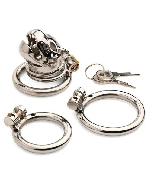 XR Brands Male Sex Toys Master Series Caged Cougar Stainless Steel Locking Chastity Cage Silver XR Brands Male Sex Toys Master Series Caged Cougar Stainless Steel Locking Chastity Cage Silver