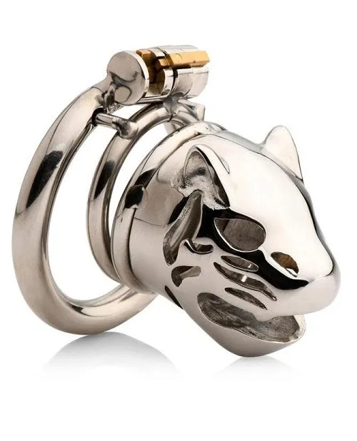 XR Brands Male Sex Toys Master Series Caged Cougar Stainless Steel Locking Chastity Cage Silver