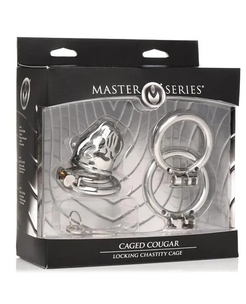 XR Brands Male Sex Toys Master Series Caged Cougar Stainless Steel Locking Chastity Cage Silver