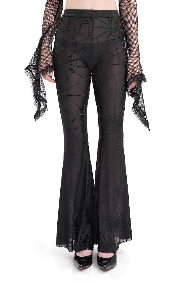 Anal EVEs SECRETS Sheer Black Flare Pants featuring a Spiderweb Design
