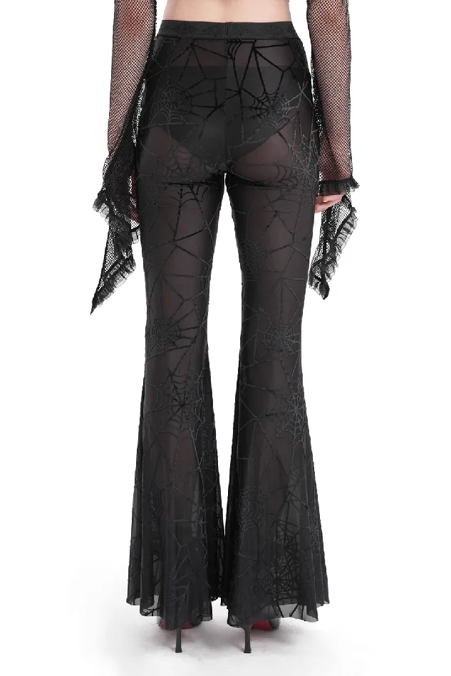 Anal EVEs SECRETS Sheer Black Flare Pants featuring a Spiderweb Design
