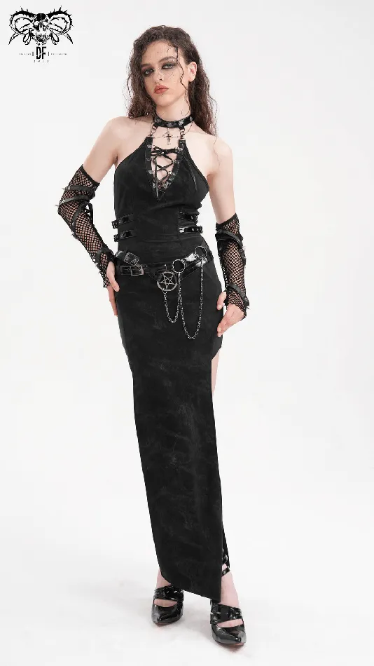 EVEs SECRETS Anal Edgy Black Halter Dress with Chains and Buckles