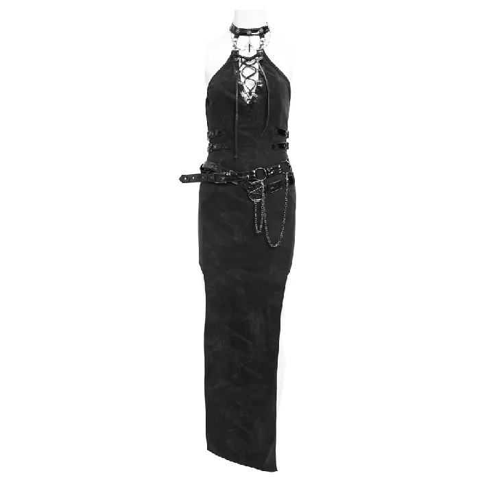 EVEs SECRETS Anal Edgy Black Halter Dress with Chains and Buckles