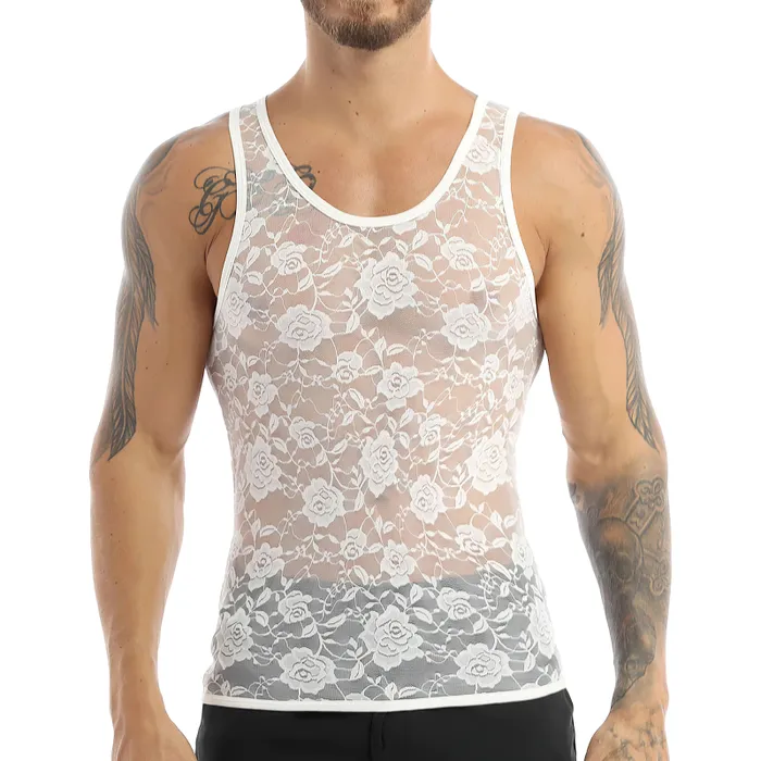 EVEs SECRETS Male Sex Toys Mens SeeThrough Sheer Lingerie Sexy Lace Fitted Tank Top Male Erotic Outfits