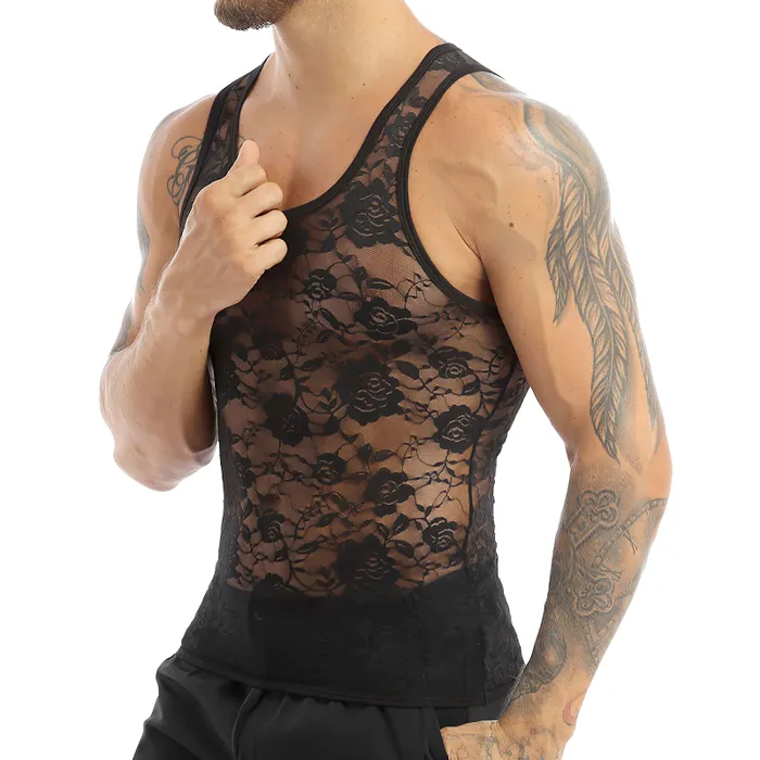 EVEs SECRETS Male Sex Toys Mens SeeThrough Sheer Lingerie Sexy Lace Fitted Tank Top Male Erotic Outfits