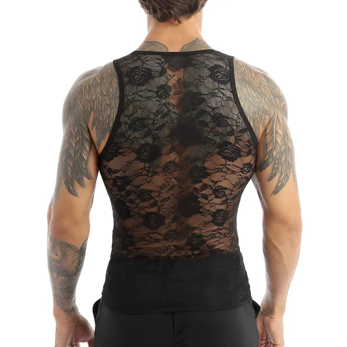 EVEs SECRETS Male Sex Toys Mens SeeThrough Sheer Lingerie Sexy Lace Fitted Tank Top Male Erotic Outfits