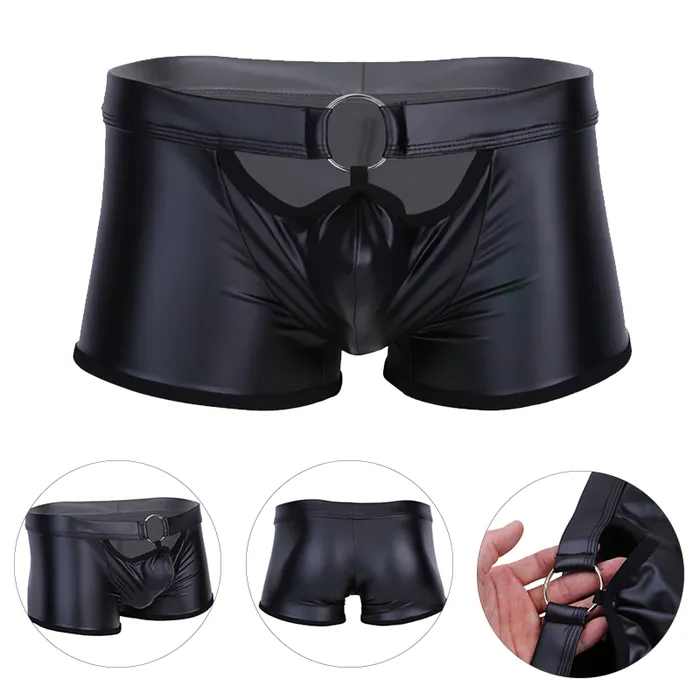 EVEs SECRETS Male Sex Toys Sexy Mens Wetlook PU Leather Underwear ORing Hollow Out Hot Boxers