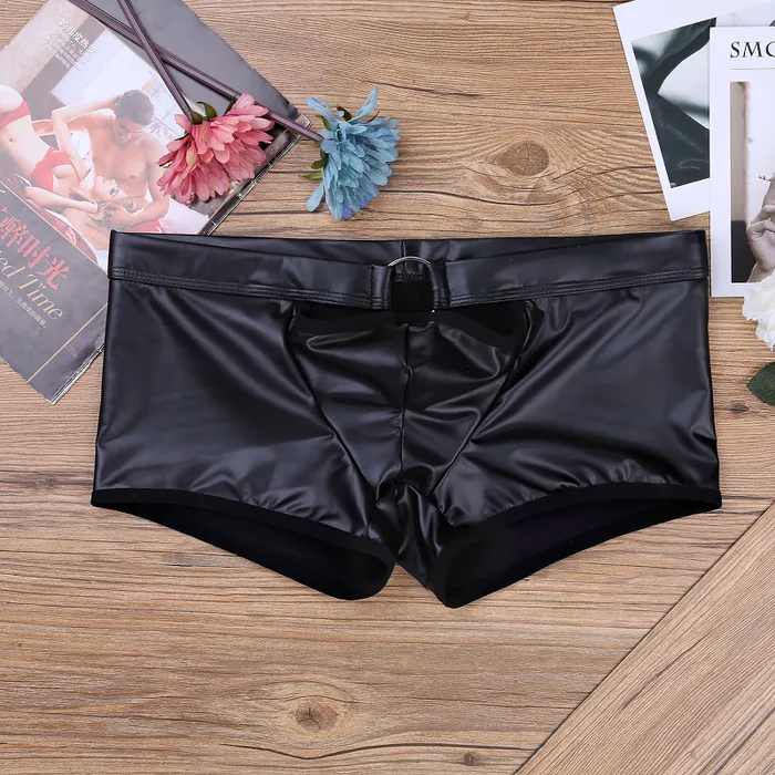 EVEs SECRETS Male Sex Toys Sexy Mens Wetlook PU Leather Underwear ORing Hollow Out Hot Boxers