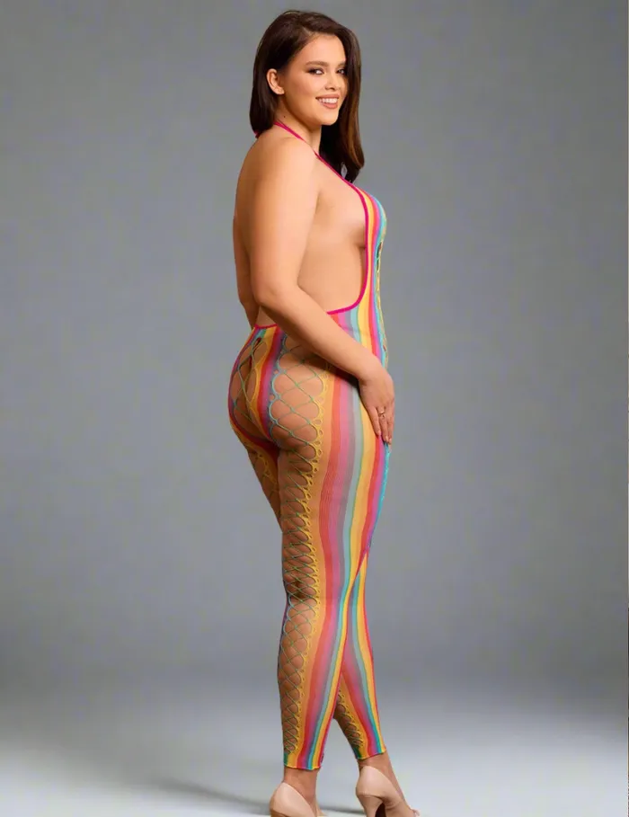 Female Sex Toys Scandals Lingerie Rainbow Bodystocking Halter Backless Mesh Hollow Out