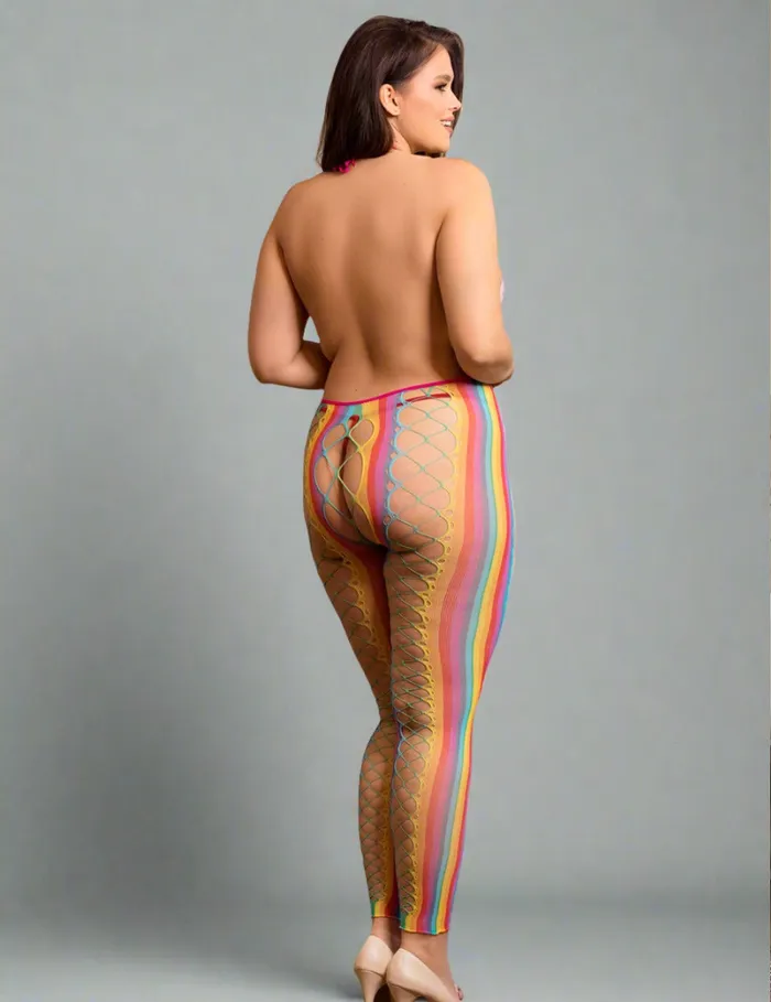 Female Sex Toys Scandals Lingerie Rainbow Bodystocking Halter Backless Mesh Hollow Out