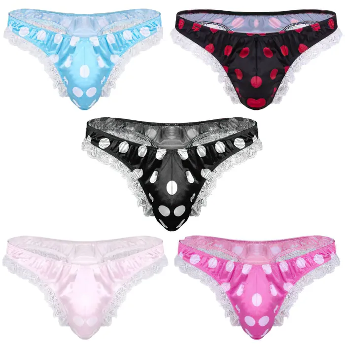 Male Sex Toys EVEs SECRETS Mens Shiny Satin Ruffle Lace Panties Male High Cut Sissy Underwear Lingerie