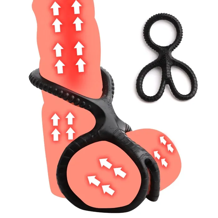 Male Sex Toys EVEs SECRETS Silicone Triple Penis and Scrotum Ring Black Ribbed Cock Ring Male Sex Toys