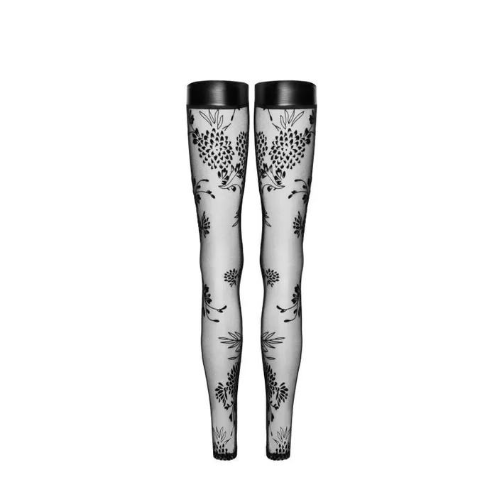 Noir Anal Tulle Stockings w Patterned Flock Embroidery Power Wetlook Band Medium Black