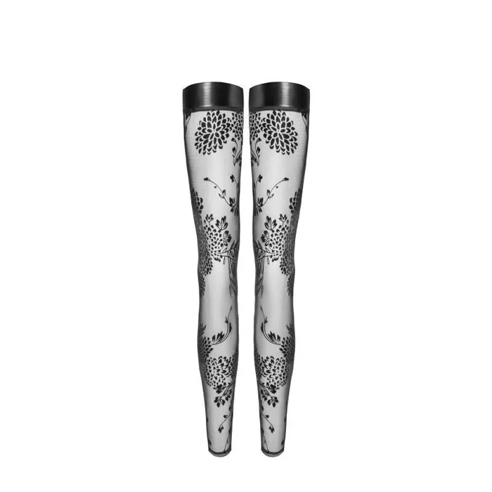 Noir Anal Tulle Stockings w Patterned Flock Embroidery Power Wetlook Band Medium Black