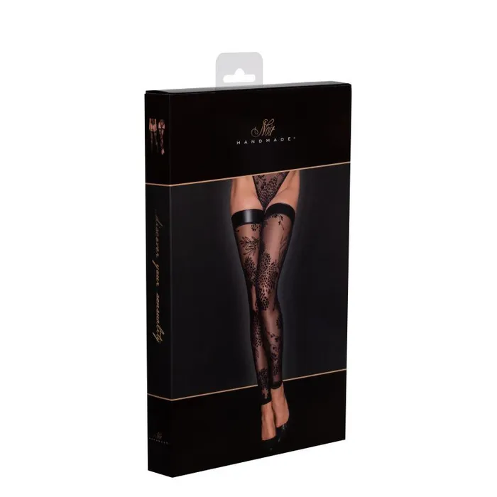Noir Anal Tulle Stockings w Patterned Flock Embroidery Power Wetlook Band Medium Black