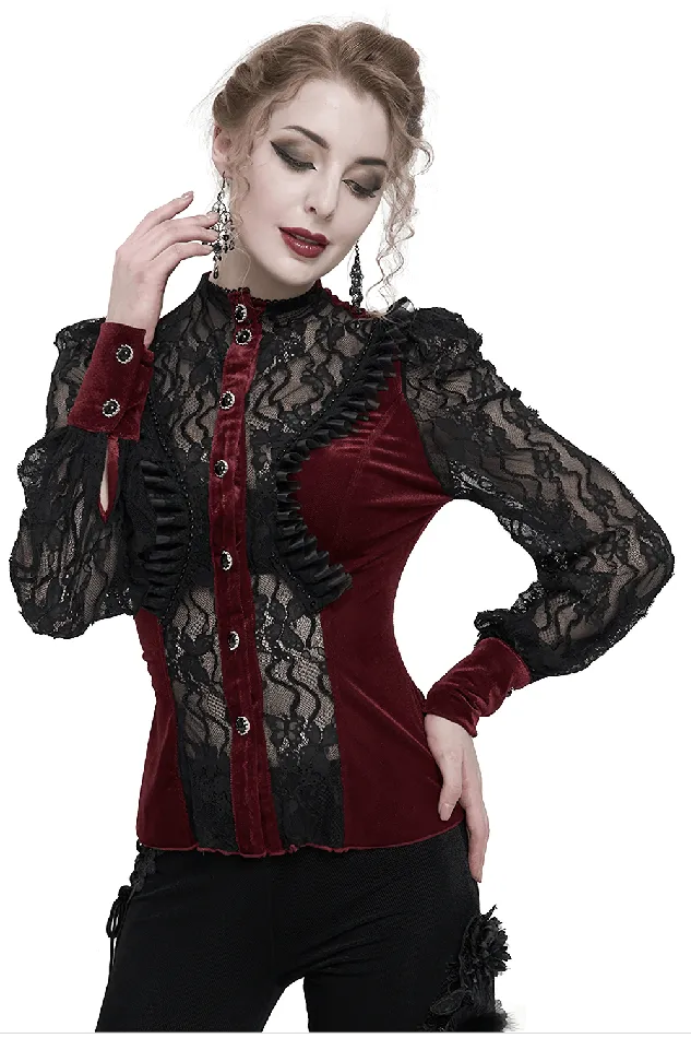 Vibrators EVEs SECRETS Womens Gothic Wine Red Velvet Blouse with Lace Puff Sleeves Vibrators EVEs SECRETS Womens Gothic Wine Red Velvet Blouse with Lace Puff Sleeves
