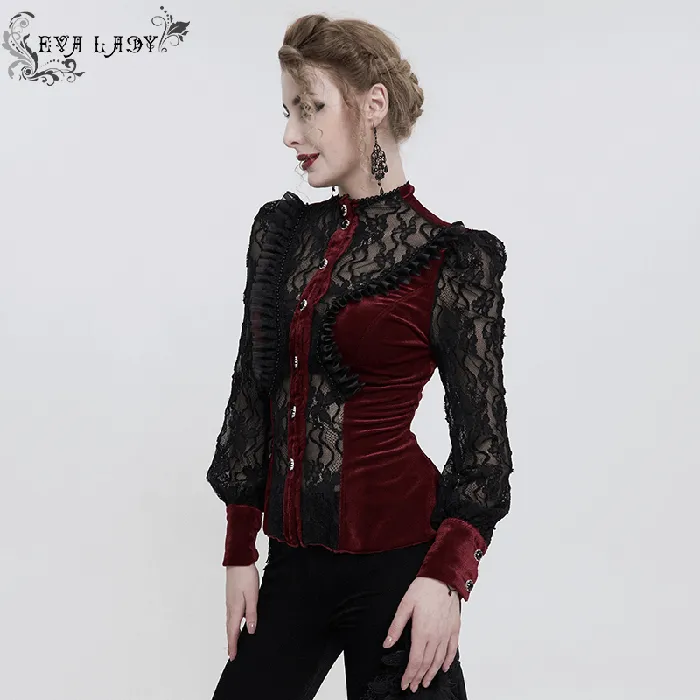 Vibrators EVEs SECRETS Womens Gothic Wine Red Velvet Blouse with Lace Puff Sleeves