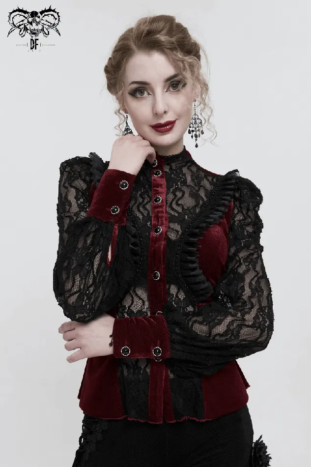 Vibrators EVEs SECRETS Womens Gothic Wine Red Velvet Blouse with Lace Puff Sleeves