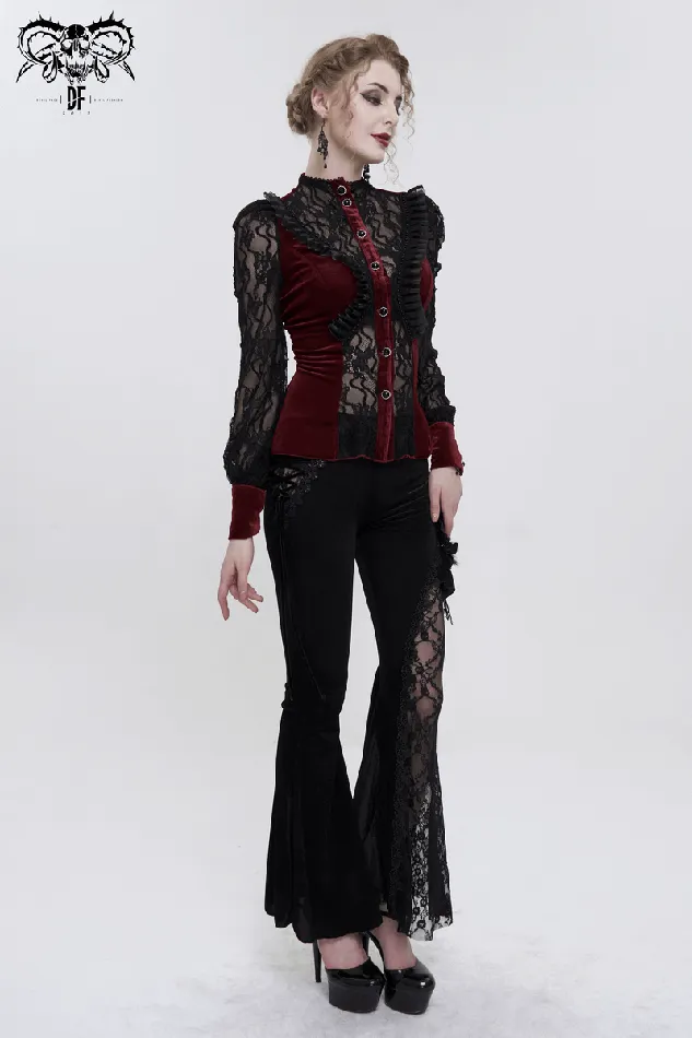 Vibrators EVEs SECRETS Womens Gothic Wine Red Velvet Blouse with Lace Puff Sleeves