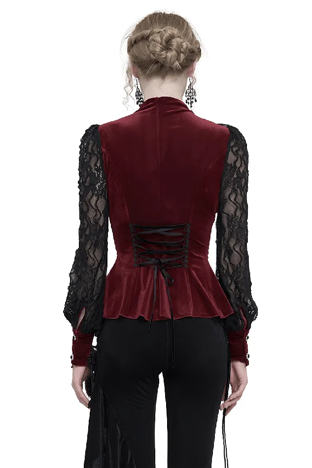 Vibrators EVEs SECRETS Womens Gothic Wine Red Velvet Blouse with Lace Puff Sleeves
