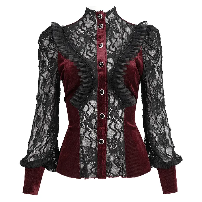 Vibrators EVEs SECRETS Womens Gothic Wine Red Velvet Blouse with Lace Puff Sleeves