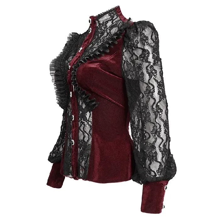 Vibrators EVEs SECRETS Womens Gothic Wine Red Velvet Blouse with Lace Puff Sleeves