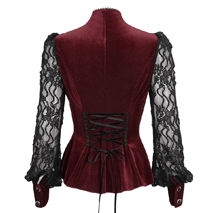 Vibrators EVEs SECRETS Womens Gothic Wine Red Velvet Blouse with Lace Puff Sleeves