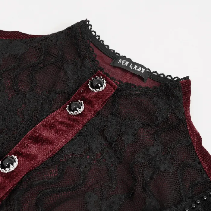 Vibrators EVEs SECRETS Womens Gothic Wine Red Velvet Blouse with Lace Puff Sleeves