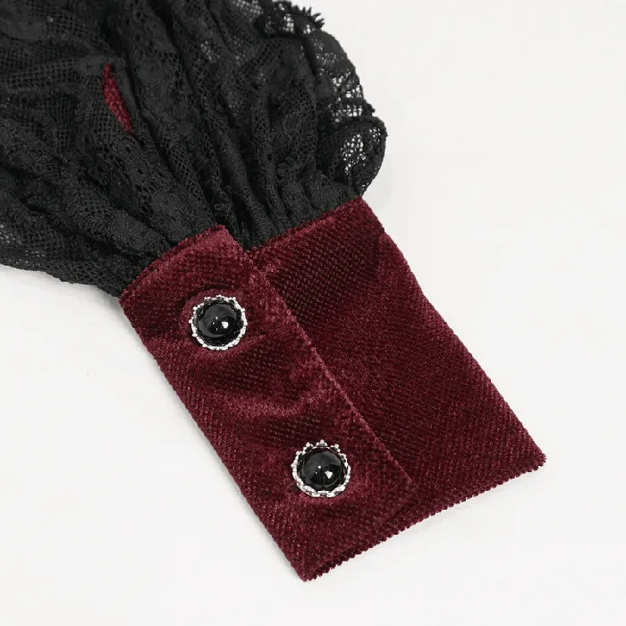 Vibrators EVEs SECRETS Womens Gothic Wine Red Velvet Blouse with Lace Puff Sleeves