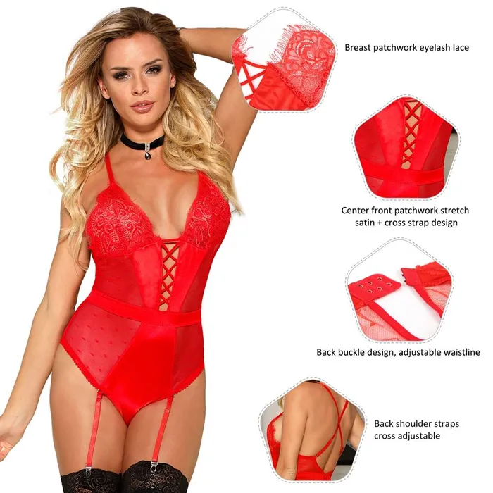 Couples Teddy 1 Pc Deluxe Satin Lace Lingerie with Garter FRISKY BUSINESS SG
