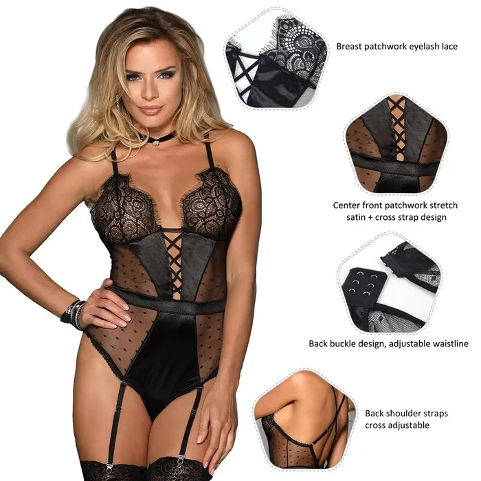 Couples Teddy 1 Pc Deluxe Satin Lace Lingerie with Garter FRISKY BUSINESS SG