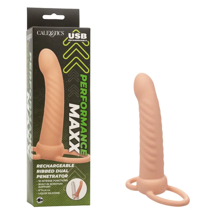 Female Sex Toys Rechargeable Ribbed Dual Penetrator Ivory CalExotics