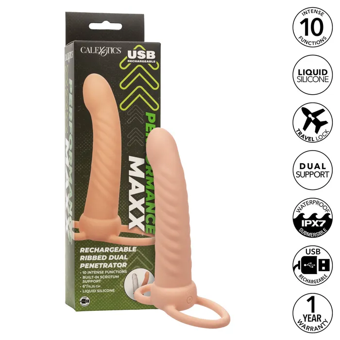 Female Sex Toys Rechargeable Ribbed Dual Penetrator Ivory CalExotics