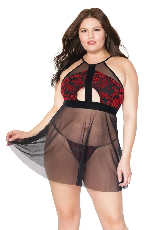 Anal Coquette 20308 Plus Halter Babydoll Gstring Set RedBlack OSXL Coquette Anal Coquette 20308 Plus Halter Babydoll Gstring Set RedBlack OSXL Coquette
