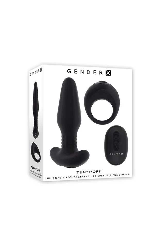 Anal Evolved Gender X Teamwork Remote Controlled Butt Plug Penis Ring Set Black