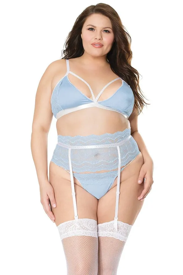 Coquette Plus Size Coquette 21110X Plus Size Bra Garter Belt and Gstring Set BlueWhite XXL