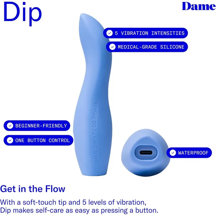 Dame Products Female Sex Toys Dame Dip 20 Bullet Vibrator Periwinkle
