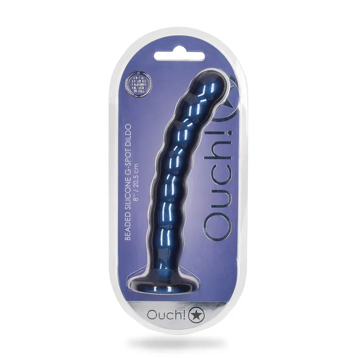 Shots Ouch Liquid Silicone Beaded GSpot 8 Inch Dildo Metallic Blue Shots Toys Dildos