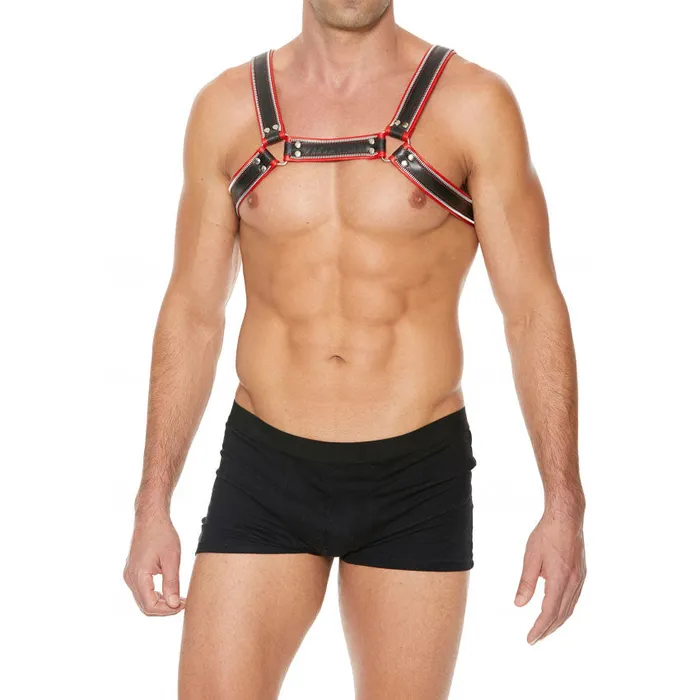 Shots Toys Anal Shots UOMO Z Series Leather Mens Bulldog Harness LXL Black Red