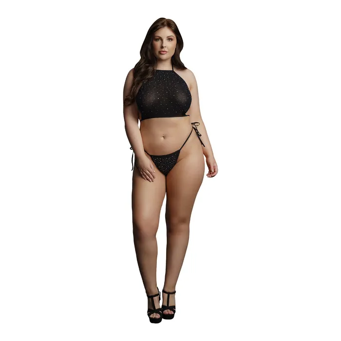 Shots Toys Teddies And Bodies Shots Le Desir Festive Rhinestone Top and Thong Plus Size Black